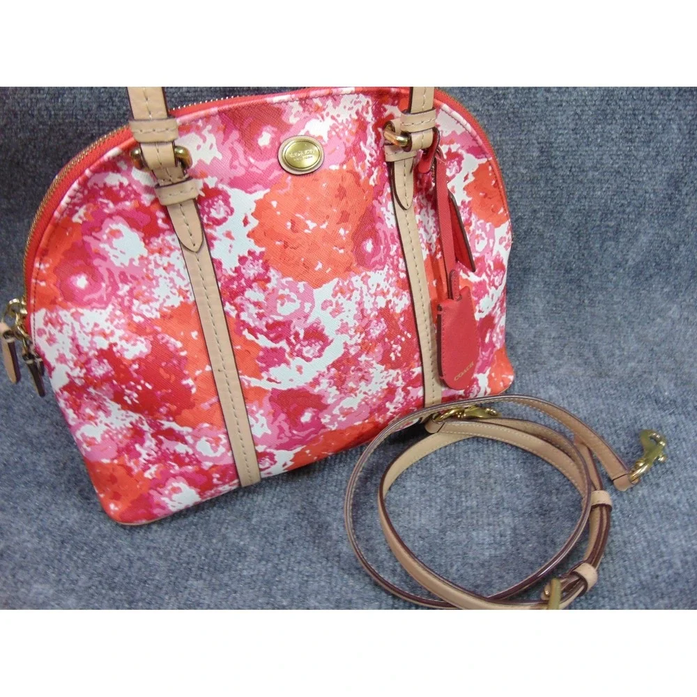 Coach Satchel Pink Orange Floral Coated Canvas Leather Trim F31341‎ FLAW READ